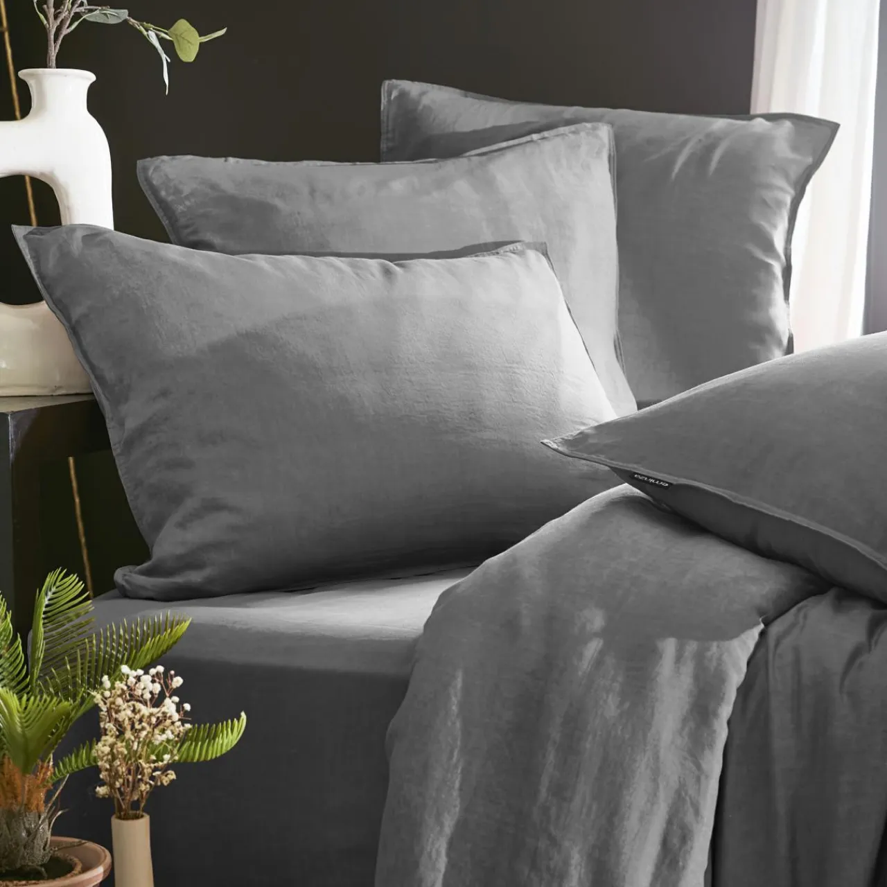 EMINZA Drap housse lyocell Tencel™ lavé (90 x 190 cm) Olivia granit Gris