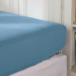 EMINZA Drap housse percale de coton (200 x 200 cm) Cali Bleu Ciel New