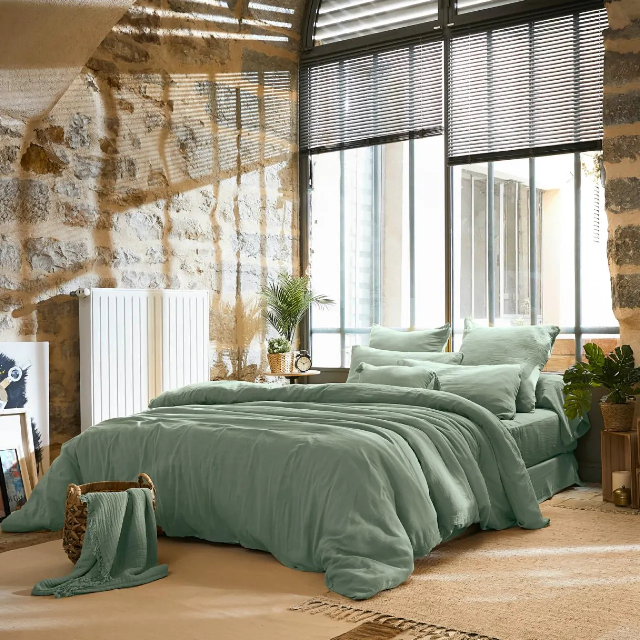 EMINZA Drap plat gaze de coton (240 x 300 cm) Gaïa Vert Eucalyptus Sale