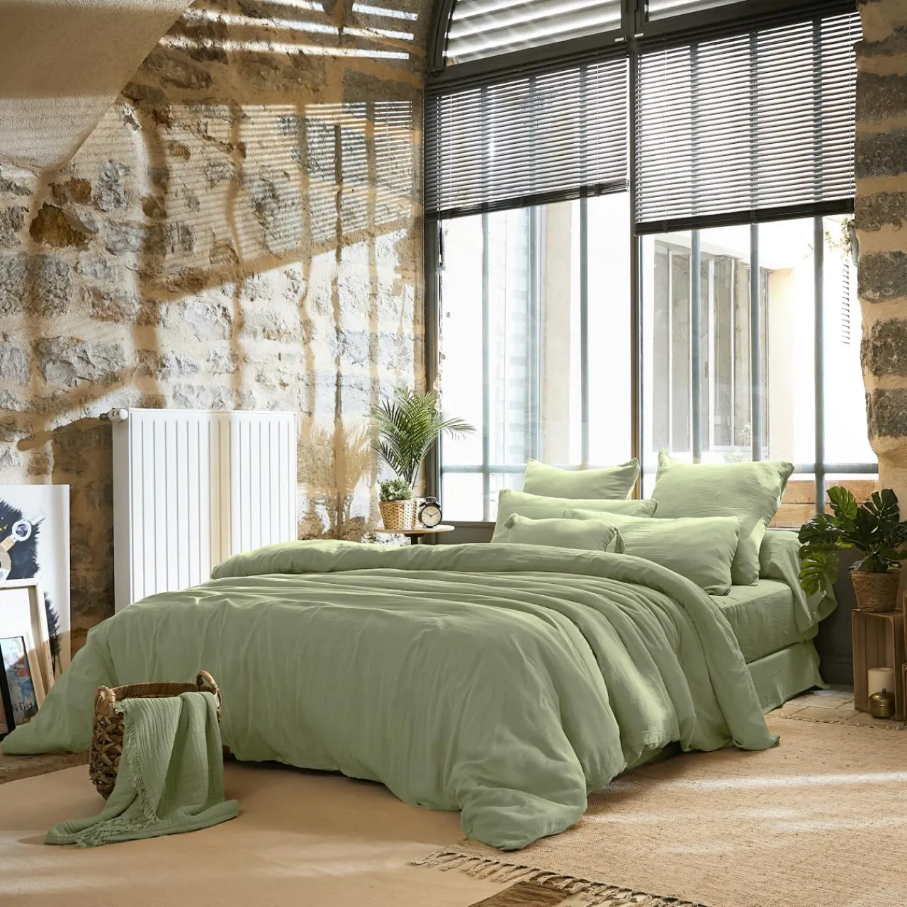EMINZA Drap plat gaze de coton (270 x 300 cm) Gaïa Vert tilleul Clearance