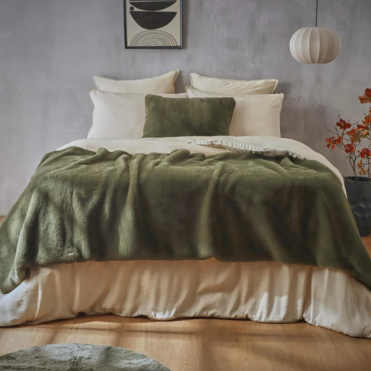 EMINZA Édredon fausse fourrure (90 x 220 cm) Finn Vert kaki New