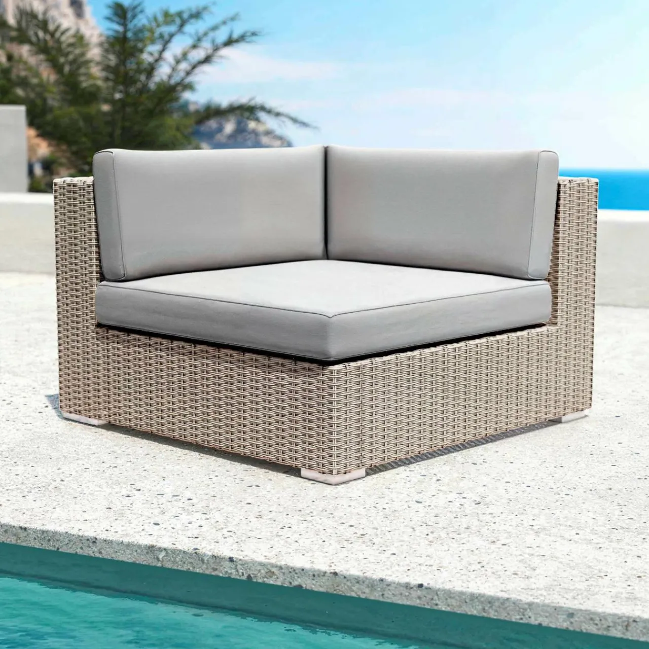 MOBELLIA Fauteuil d'angle de jardin en résine tressée Palma Gris Tresse Gris - Gris Clearance