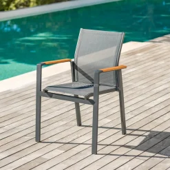 MOBELLIA Fauteuil de jardin aluminium et bois teck empilable Bali Gris Anthracite