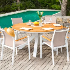 MOBELLIA Fauteuil de jardin aluminium et bois teck empilable Bali Blanc