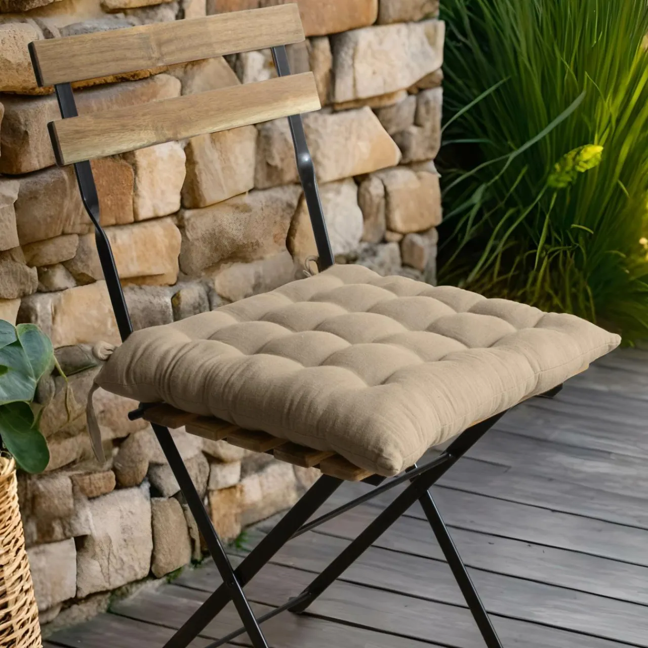 EMINZA Galette de chaise carrée gaze de coton (40 x 40 cm) Gaïa Ficelle Discount