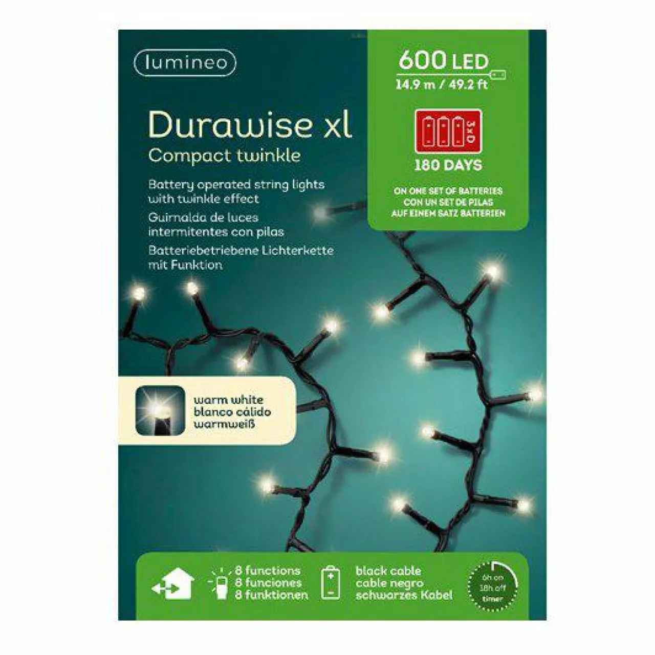 KAEMINGK Guirlande lumineuse Durawise à piles 14,98 m 600 LED câble noir Blanc chaud Blanc Chaud - câble noir Best