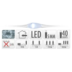 KOOPMAN Guirlande lumineuse à piles 195 cm 40 micro LED Fil d'argent Blanc froid