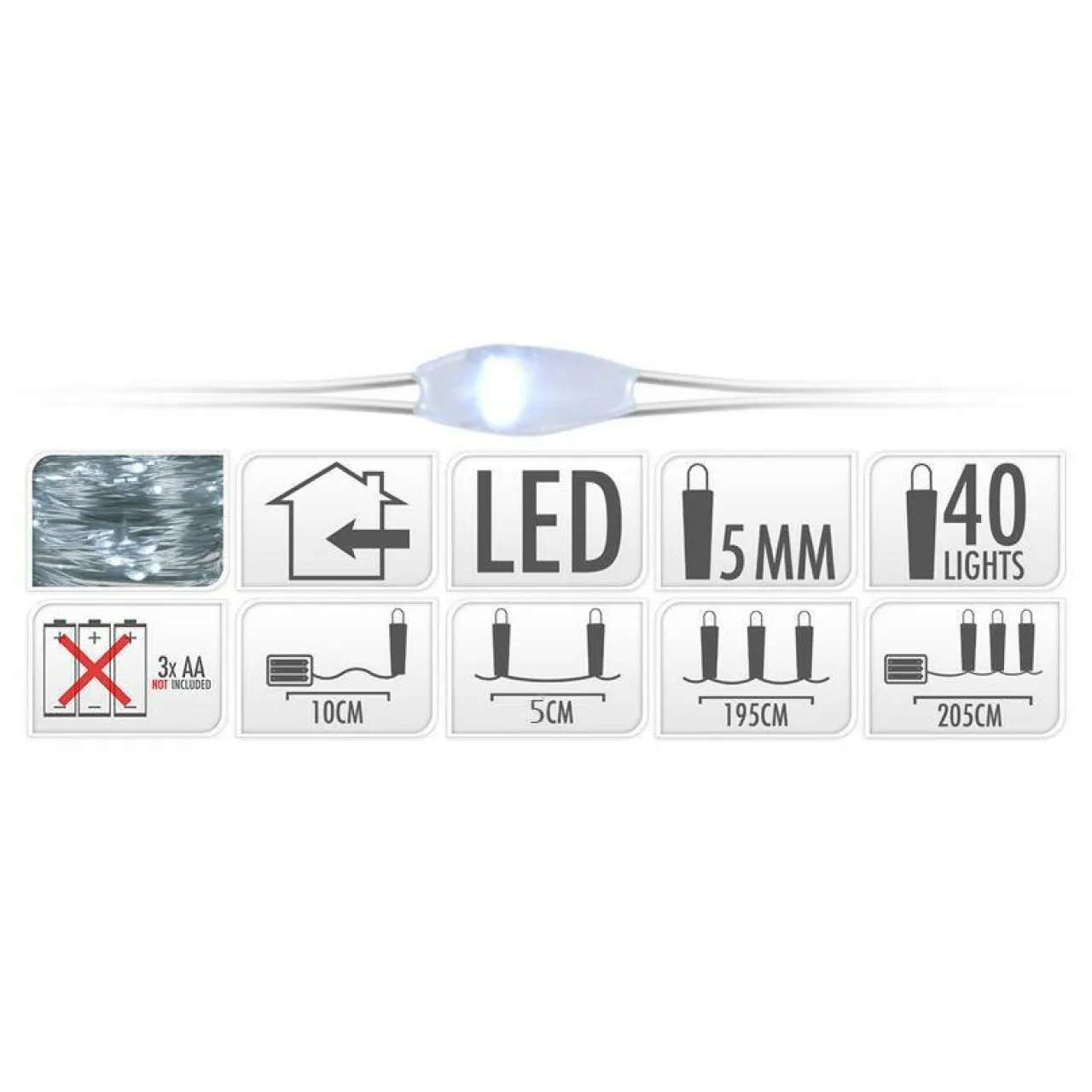 KOOPMAN Guirlande lumineuse à piles 195 cm 40 micro LED Fil d'argent Blanc froid