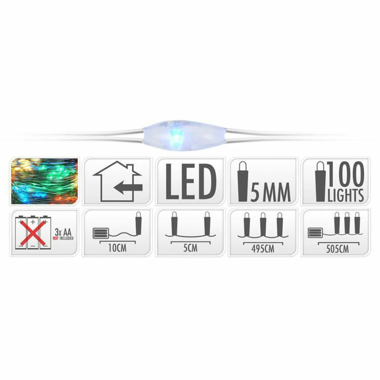 KOOPMAN Guirlande lumineuse à piles 5 m 100 Micro LED Fil d'argent Multicolore Outlet