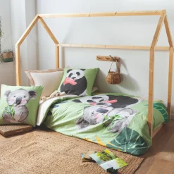 TRADILINGE Housse de couette enfant percale de coton (140 x 200 cm) Panda e Vert Best