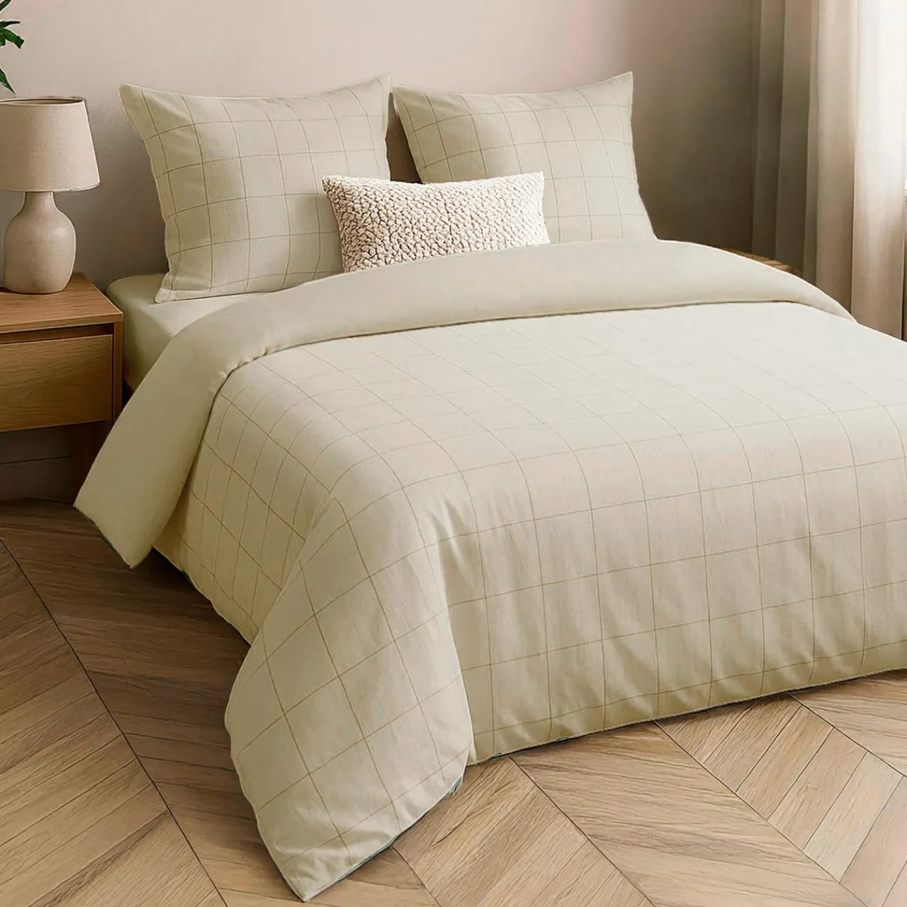 douceur d'intu017drieur Housse de couette et deux taies d'oreiller coton lavé (240 x 220 cm) Linella Ivoire Sale