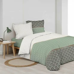 DOUCEUR D'INTERIEUR Housse de couette et deux taies percale de coton (240 x 220 cm) Belor e Vert Hot