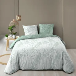 douceur d'intu017drieur Housse de couette et deux taies coton (260 x 240 cm) Cassia Vert sauge Hot