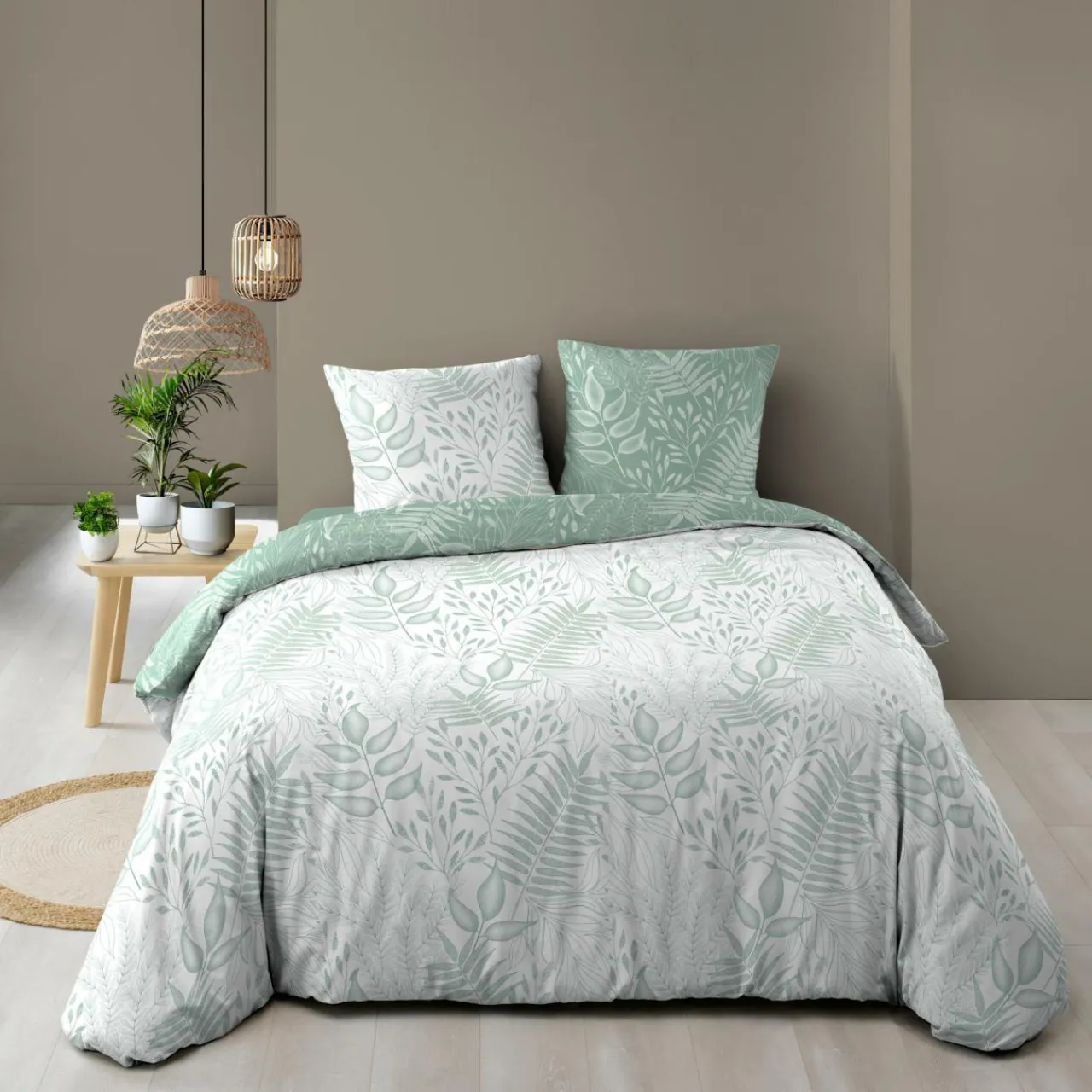 douceur d'intu017drieur Housse de couette et deux taies coton (260 x 240 cm) Cassia Vert sauge Hot