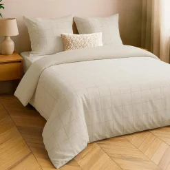 douceur d'intu017drieur Housse de couette et deux taies d'oreiller coton lavé (260 x 240 cm) Linella Ivoire Sale