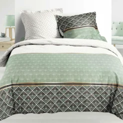 DOUCEUR D'INTERIEUR Housse de couette et deux taies percale de coton (260 x 240 cm) Belor e Vert Discount