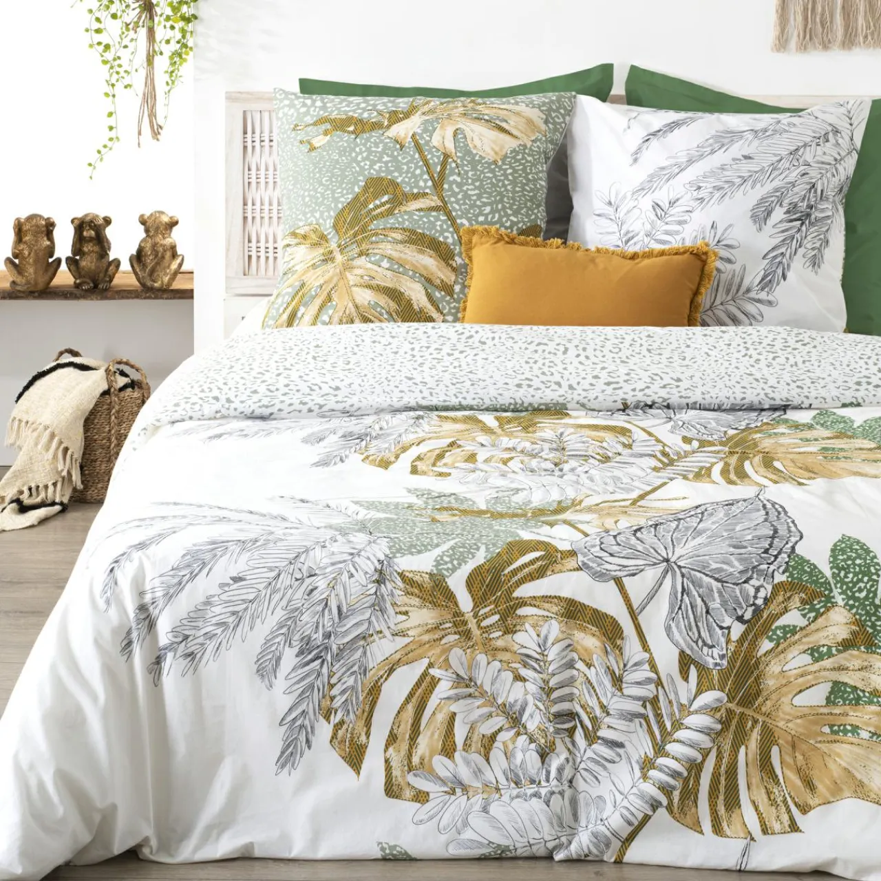 ATMOSPHERA Housse de couette et deux taies coton (240 x 220 cm) Monstera Multicolore Best