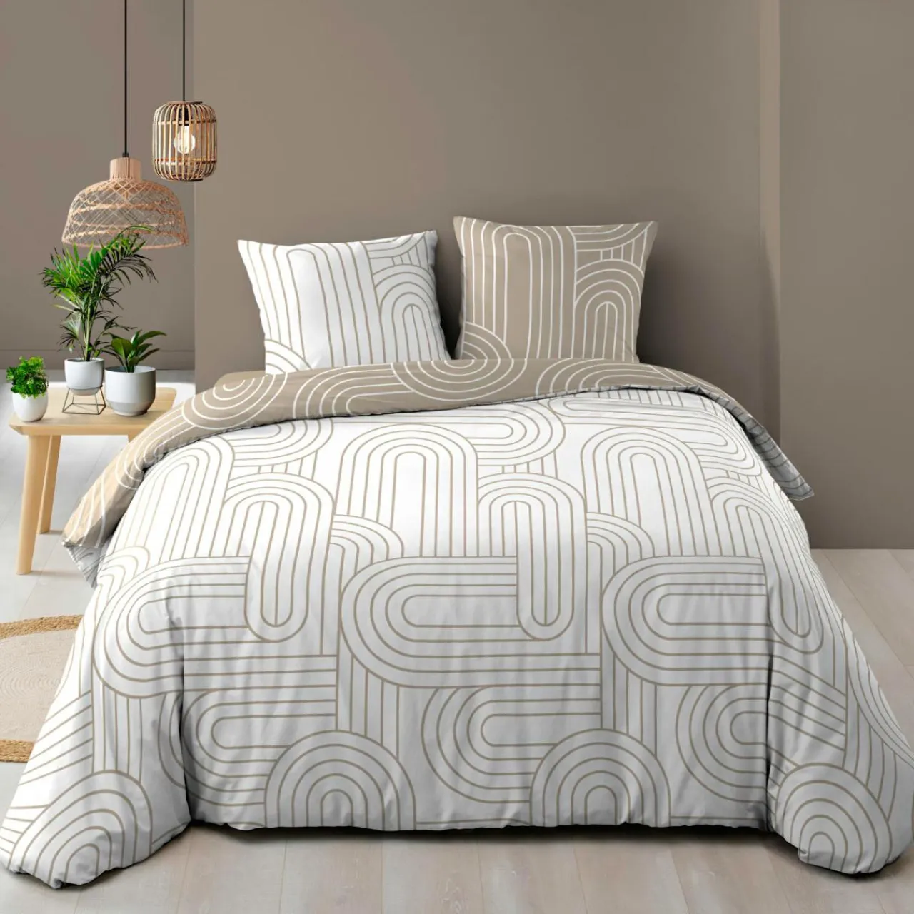 douceur d'intu017drieur Housse de couette et deux taies d'oreiller en coton (240 x 220 cm) Modul Beige Clearance