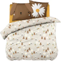 L'EFFET PAPILLON Housse de couette et deux taies enfant coton (240 x 220 cm) Pompon Marron Outlet