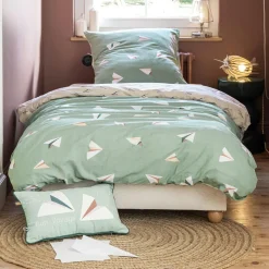 L'EFFET PAPILLON Housse de couette et deux taies enfant coton (200 x 200 cm) Petits papiers e Vert