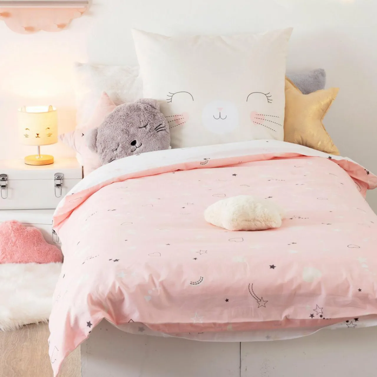 Atmosphera createur d'interieur for kids Housse de couette et une taie enfant coton (140 x 200 cm) Chat Rose Online