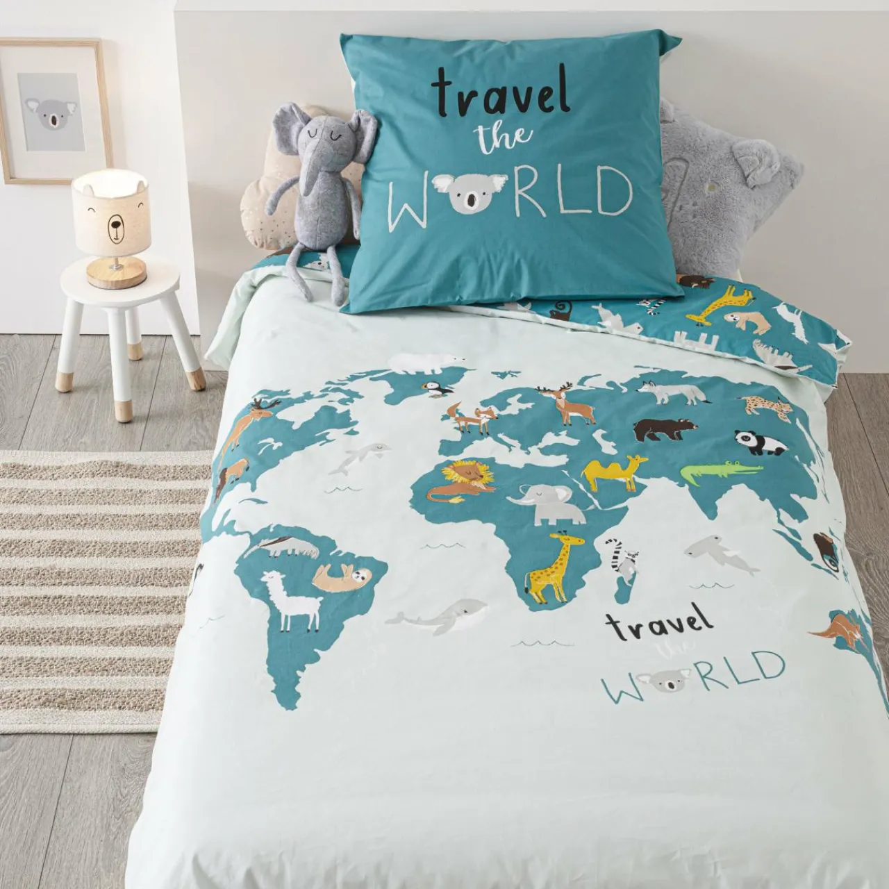 Atmosphera createur d'interieur for kids Housse de couette et une taie enfant coton (140 x 200 cm) Carte du Monde e Bleu
