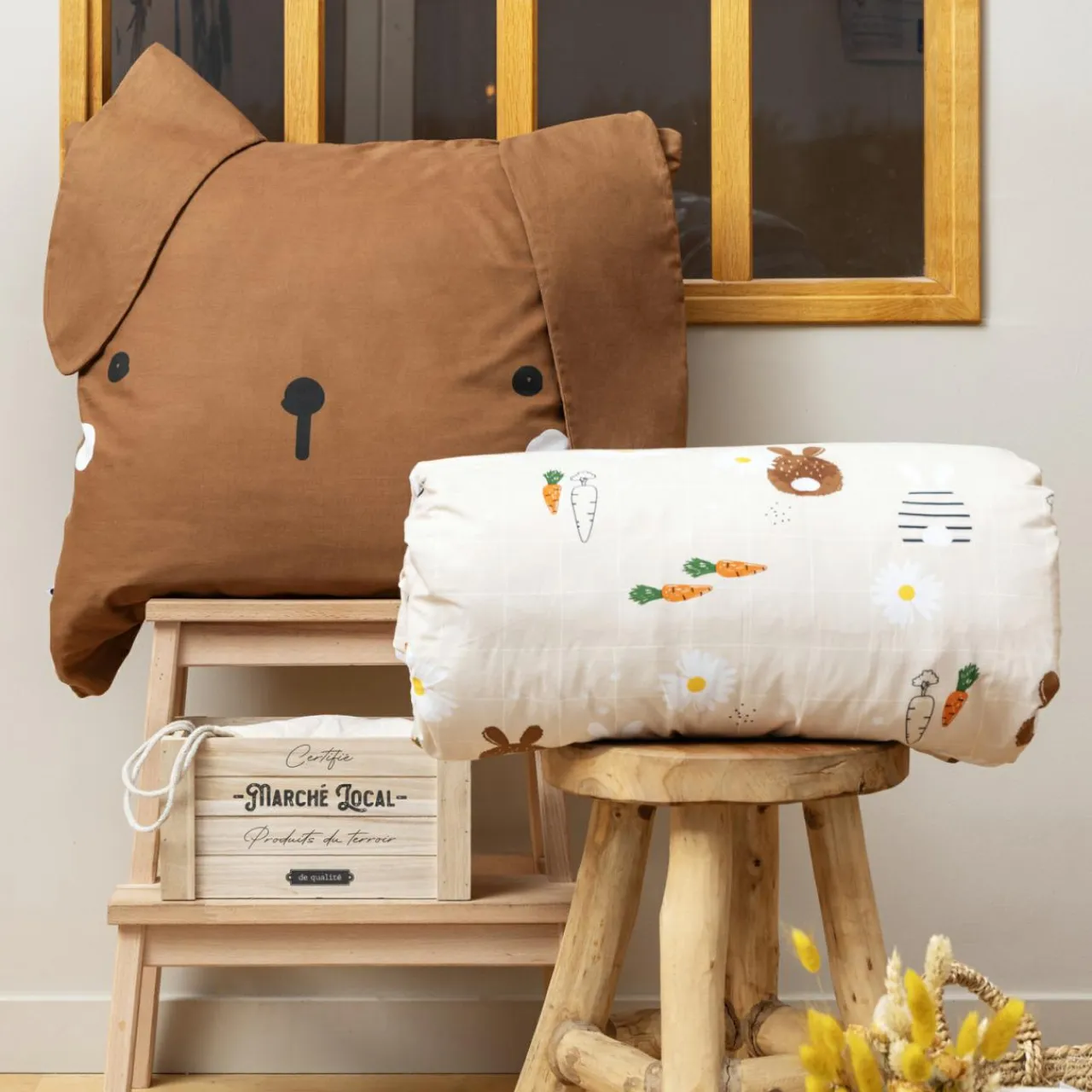 L'EFFET PAPILLON Housse de couette et une taie enfant coton (140 x 200 cm) Pompon Marron