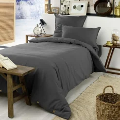 EMINZA Housse de couette flanelle de coton (140 x 200 cm) Nina Gris Anthracite Sale