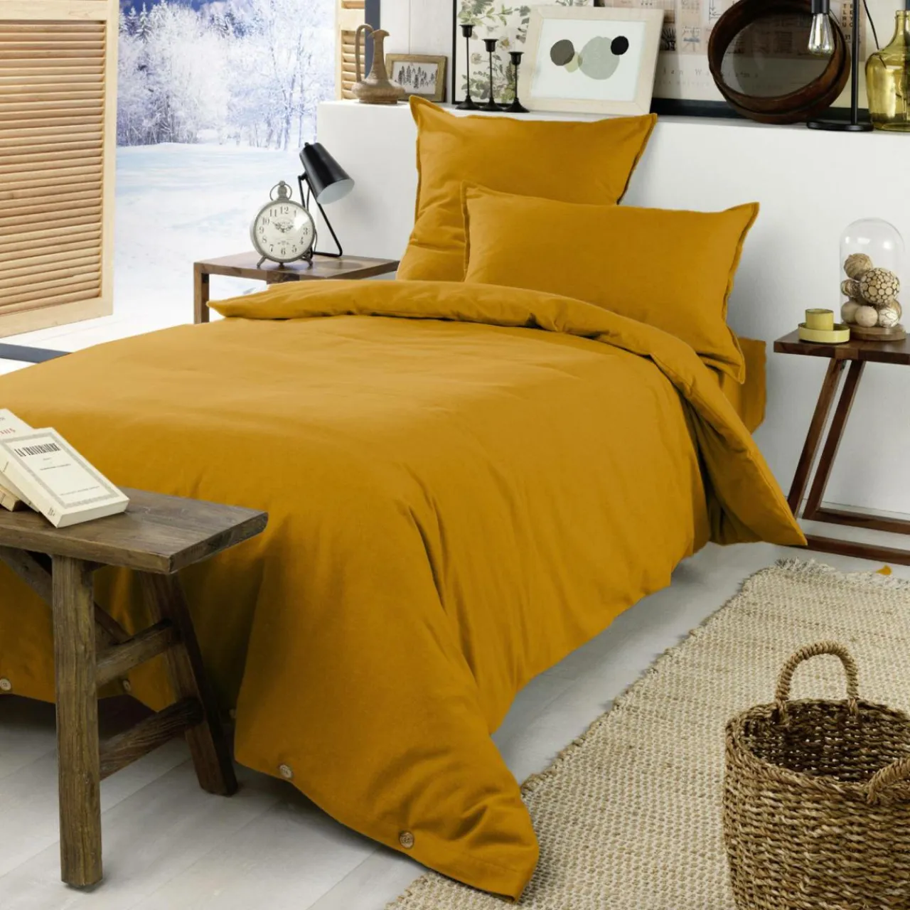 EMINZA Housse de couette flanelle de coton (140 x 200 cm) Nina Jaune ocre Hot