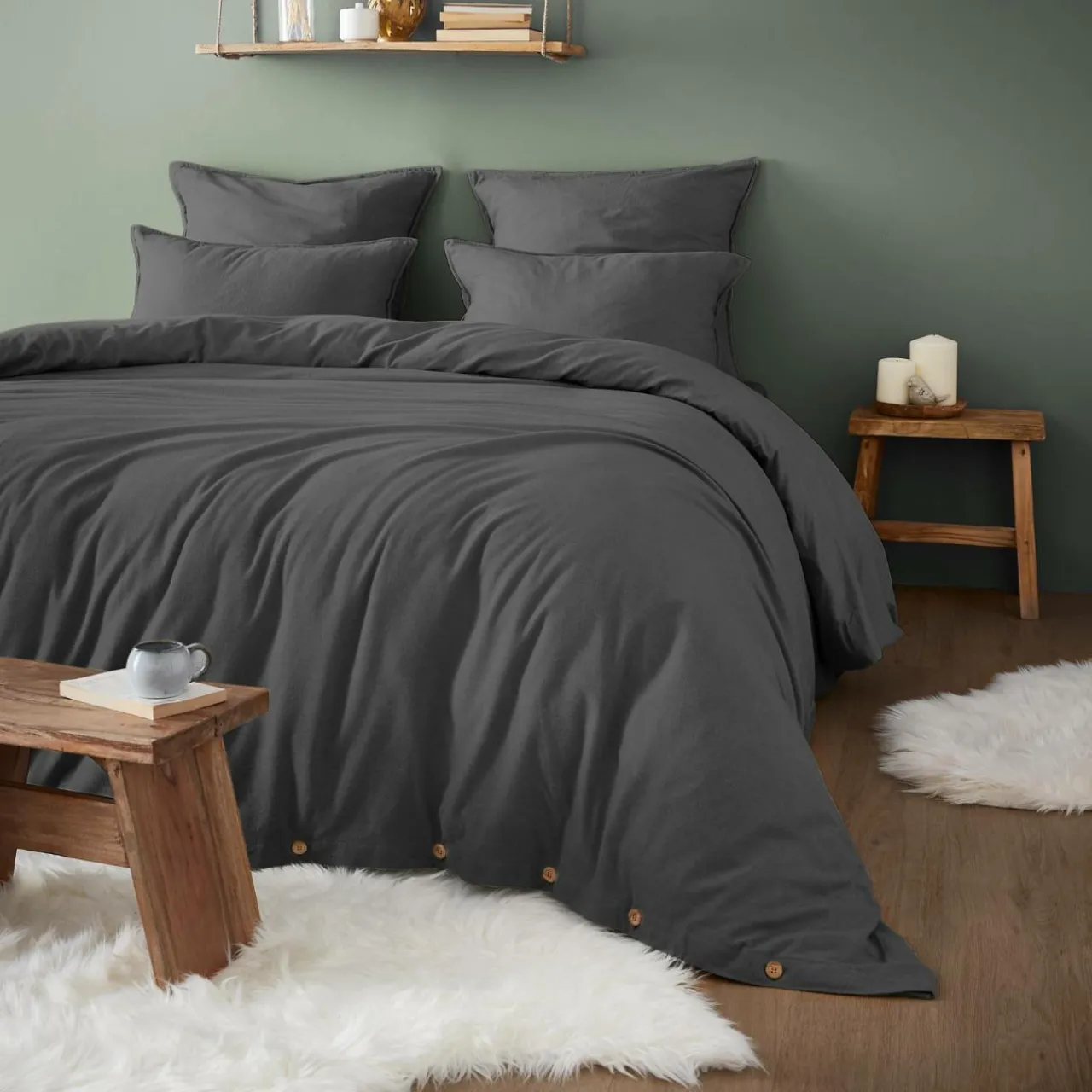 EMINZA Housse de couette flanelle de coton (240 x 220 cm) Nina Gris Anthracite Outlet