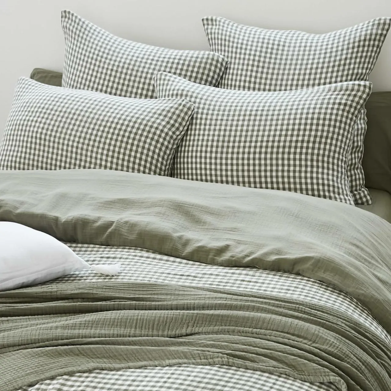 EMINZA Housse de couette gaze de coton (260 x 240 cm) Gaïa vichy Vert romarin Discount