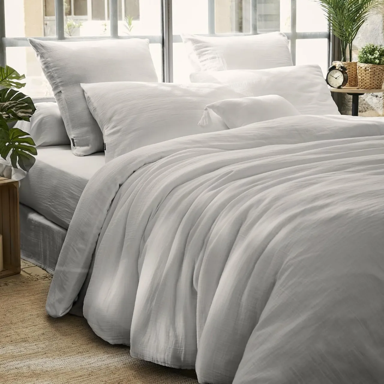 EMINZA Housse de couette gaze de coton (260 x 240 cm) Gaïa Gris nuage Gris clair Sale