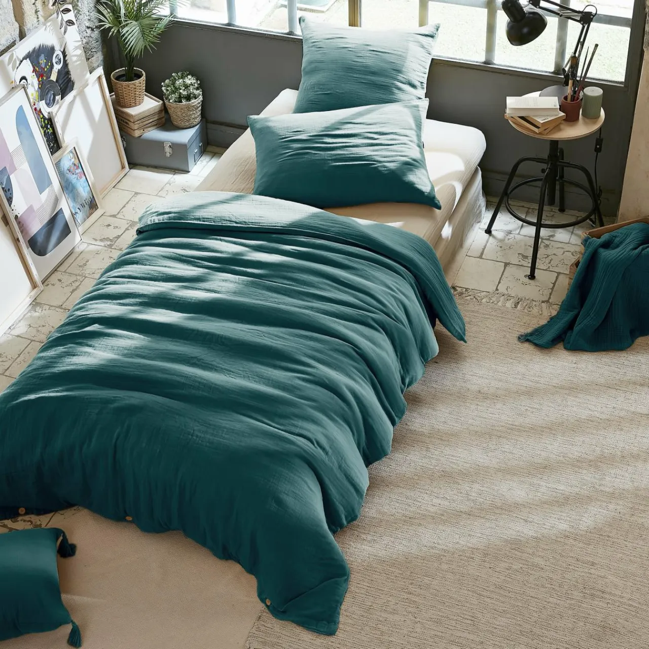 EMINZA Housse de couette gaze de coton (140 x 200 cm) Gaïa Bleu canard Outlet