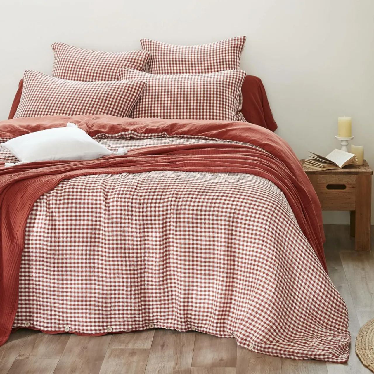 EMINZA Housse de couette gaze de coton (140 x 200 cm) Gaïa vichy Terracotta Hot