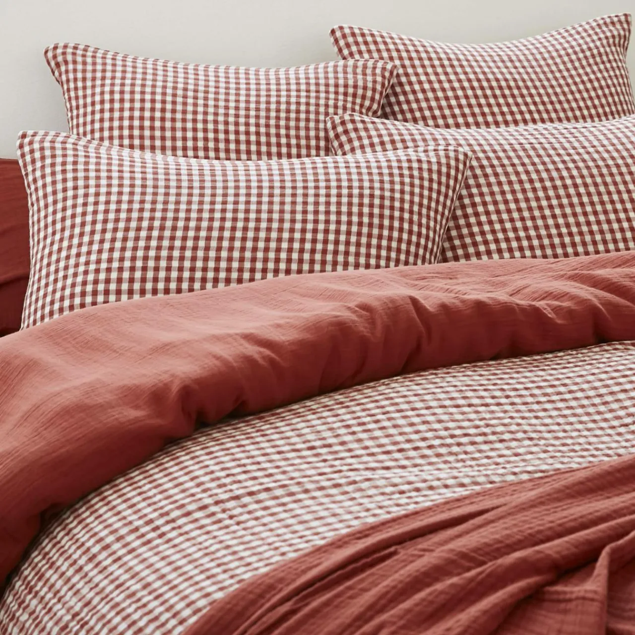 EMINZA Housse de couette gaze de coton (140 x 200 cm) Gaïa vichy Terracotta Hot