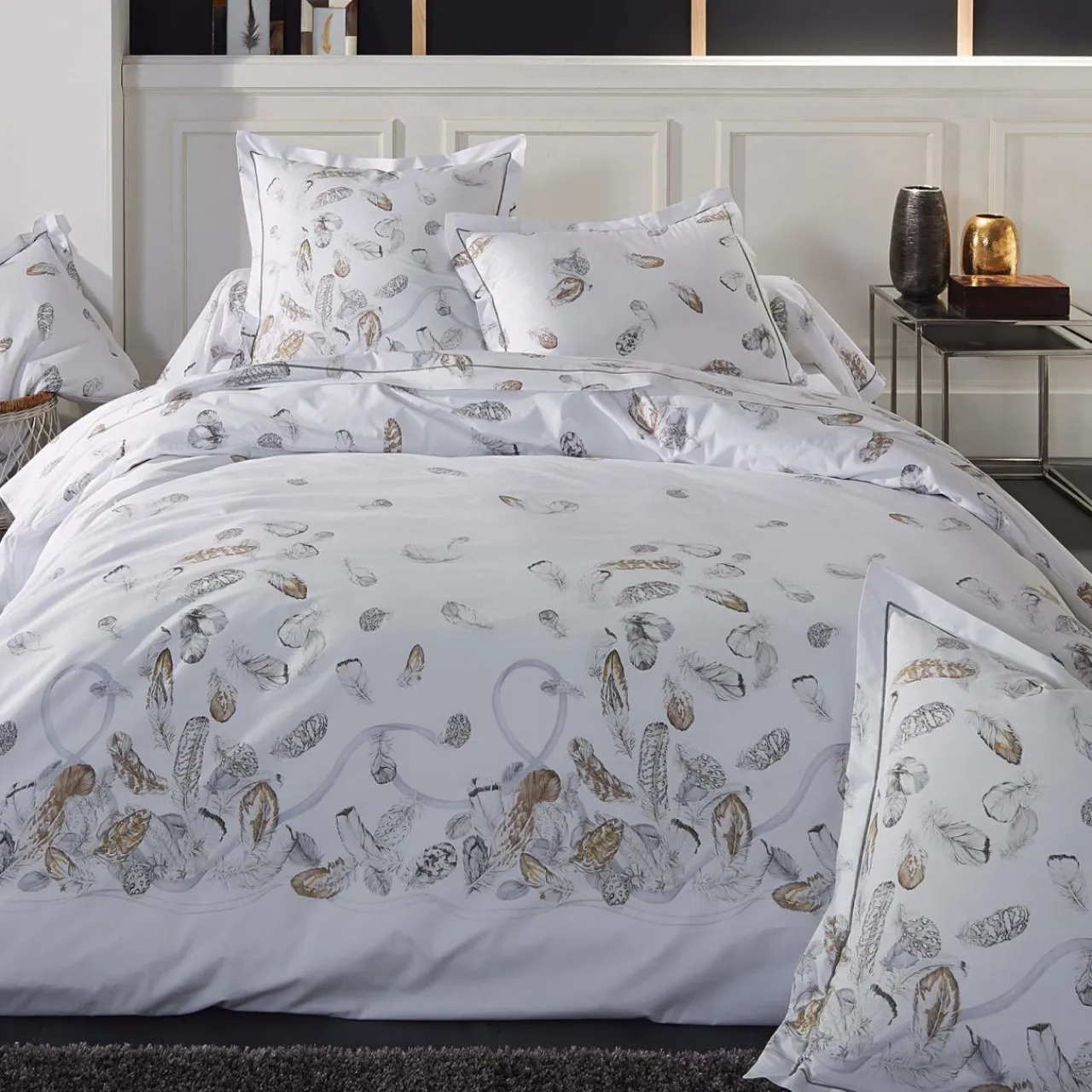 TRADILINGE Housse de couette percale de coton (240 x 220 cm) Plumes e Gris Discount