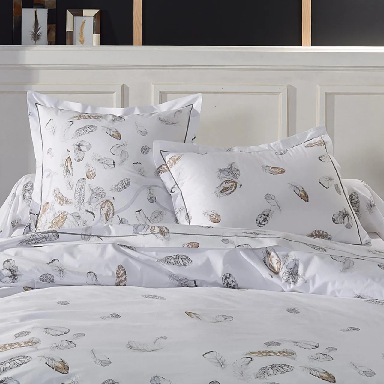 TRADILINGE Housse de couette percale de coton (240 x 220 cm) Plumes e Gris Discount