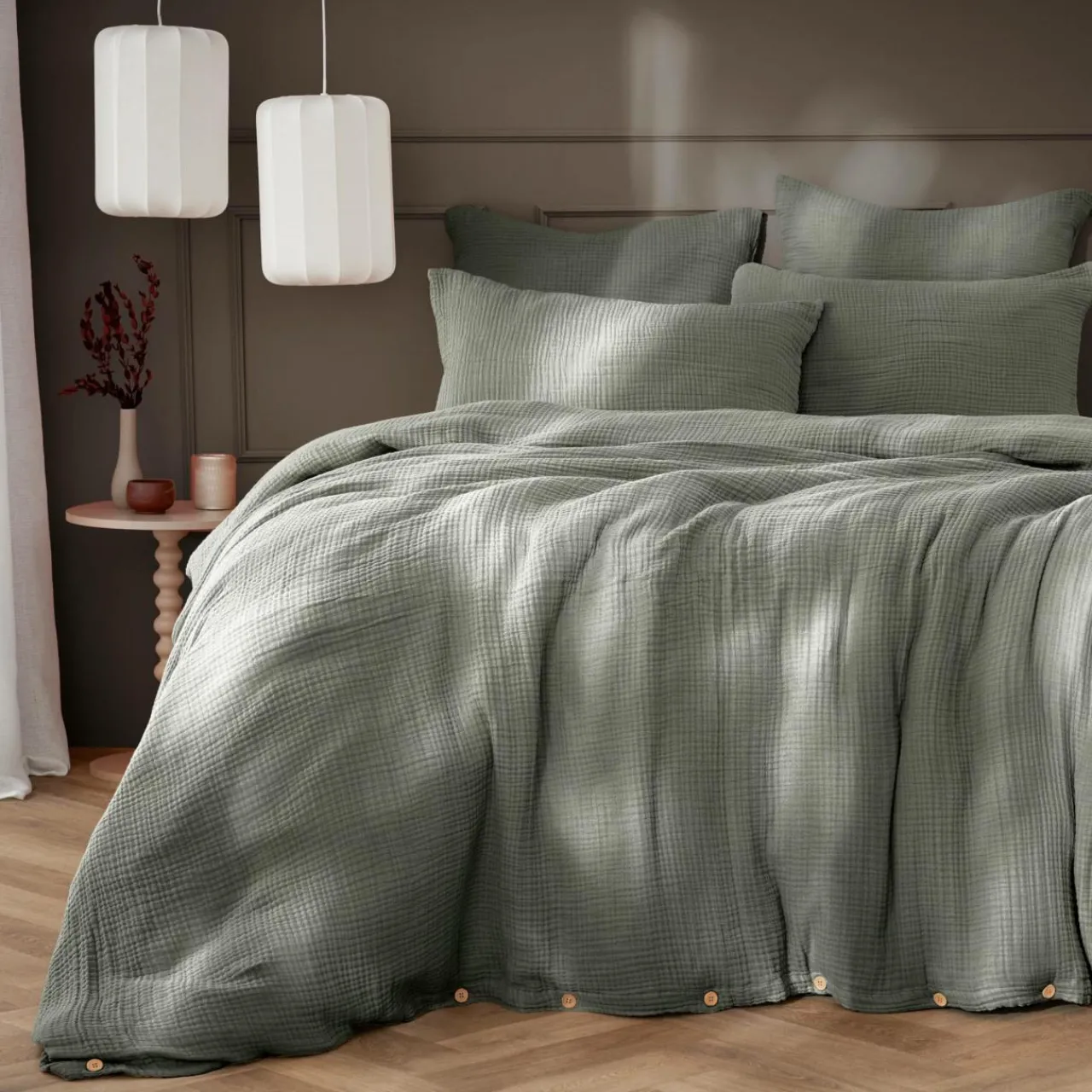 EMINZA Housse de couette quadruple gaze de coton (280 x 240 cm) Victoria x Gaïa Vert romarin Best