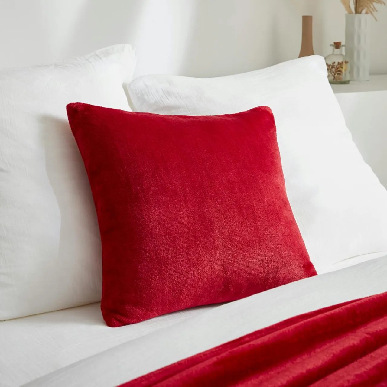 EMINZA Housse de coussin carrée flanelle (45 x 45 cm) Didou Rouge Online