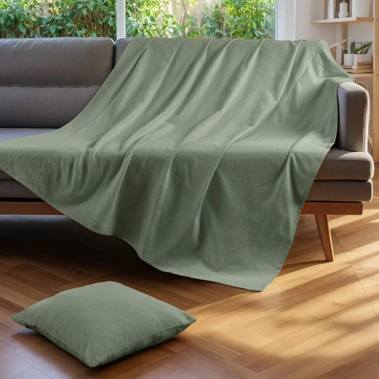 EMINZA Jeté de lit coton tissé (130 x 160 cm) Léa Vert romarin