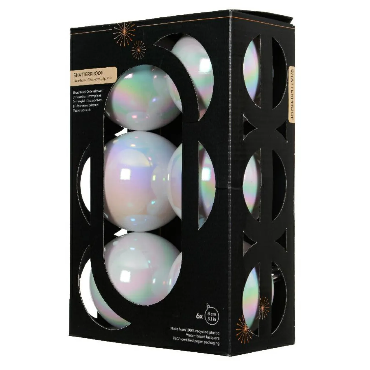 KAEMINGK Lot de 6 boules de Noël (D80 mm) Aravis Blanc irisé New