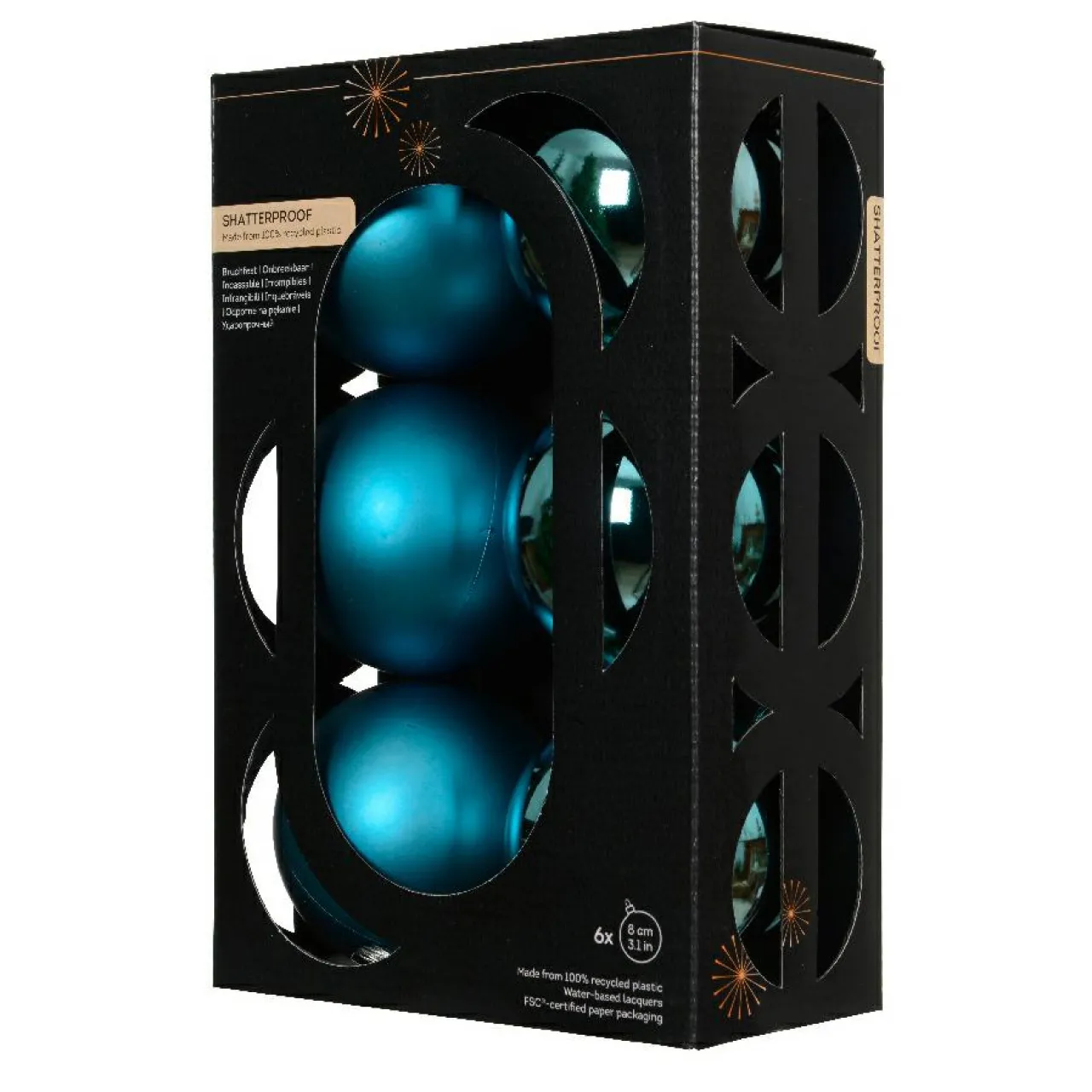 KAEMINGK Lot de 6 boules de Noël (D80 mm) Aravis Bleu pétillant Hot