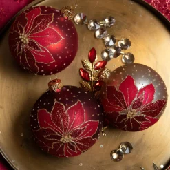 KAEMINGK Lot de 6 boules de Noël (D80 mm) en verre Poinsettia Rouge Outlet