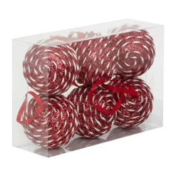 JJA Lot de 6 boules de Noël (D80 mm) Rayé Fantaisie Rouge et blanc Hot