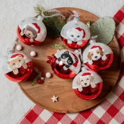 KAEMINGK Lot de 6 boules de Noël en verre (D80 mm) Chiens et Chats Rouge New