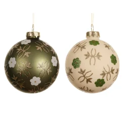 KAEMINGK Lot de 12 boules de Noël en verre (D80 mm) Fleurs Nature et blanc Vert matcha