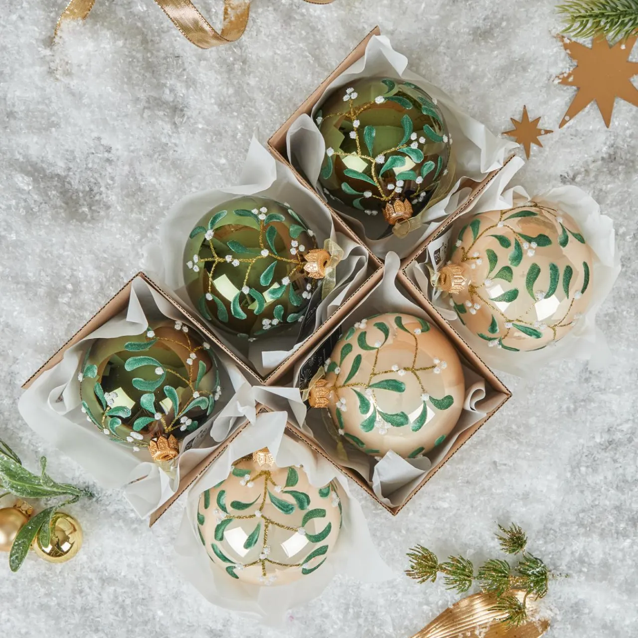 KAEMINGK Lot de 6 boules de Noël en verre (D80 mm) Fleurs de gui Vert Online