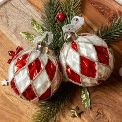 KAEMINGK Lot de 12 boules de Noël en verre (D80 mm) Damiers et blanc Rouge Clearance