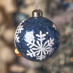 KAEMINGK Lot de 3 boules de Noël en verre (D80 mm) Flocons et sequins Bleu nuit Best