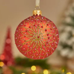 KAEMINGK Lot de 6 boules de Noël en verre (D80 mm) Fleurs pailletées Rouge New